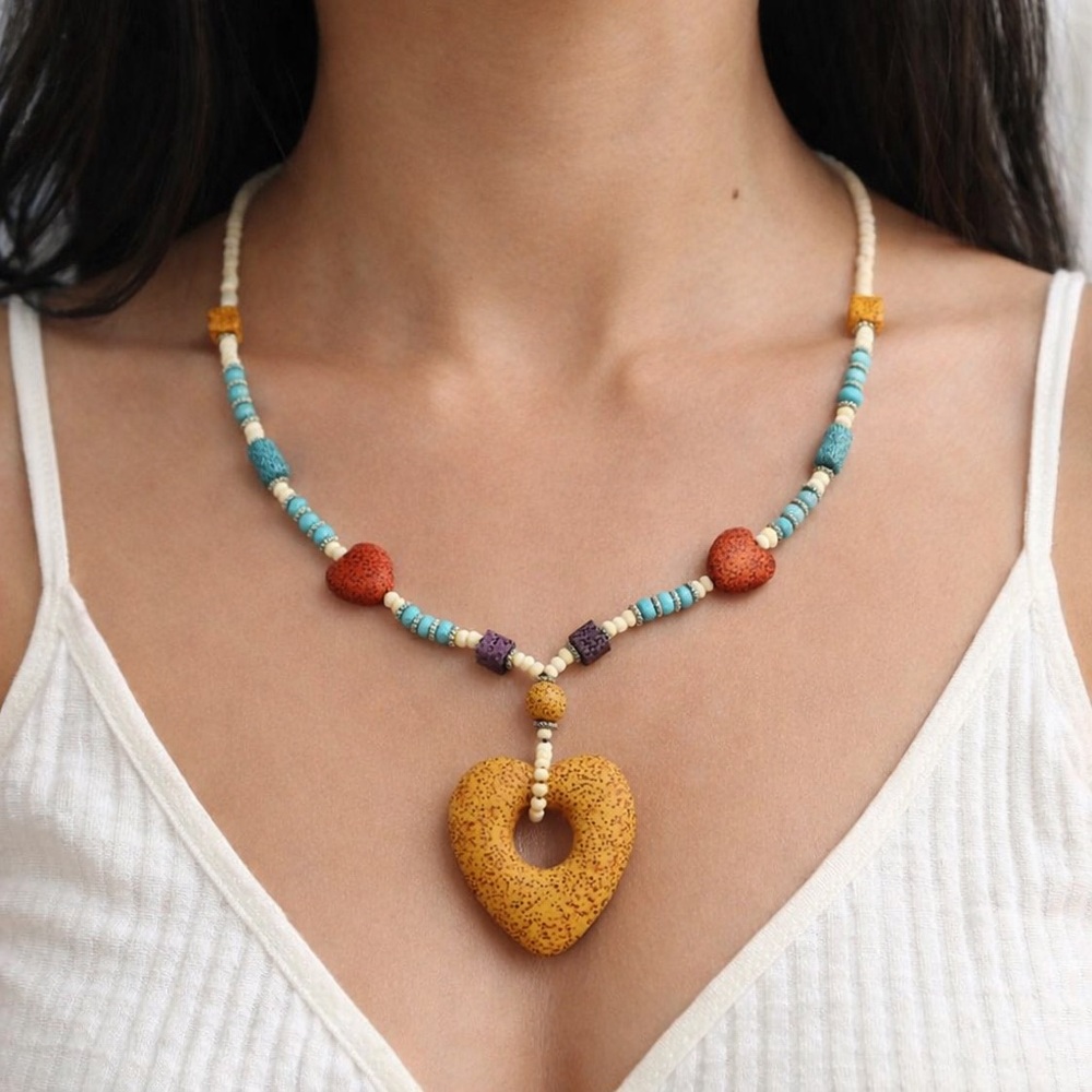 Multi Color Lava & White Blue Howlite Beaded Necklace Heart Charm 28” Silvertone